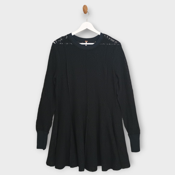 Free People Dress Womens Medium Black Crochet Lace Flare Romantic Neutral Goth - Picture 1 of 10